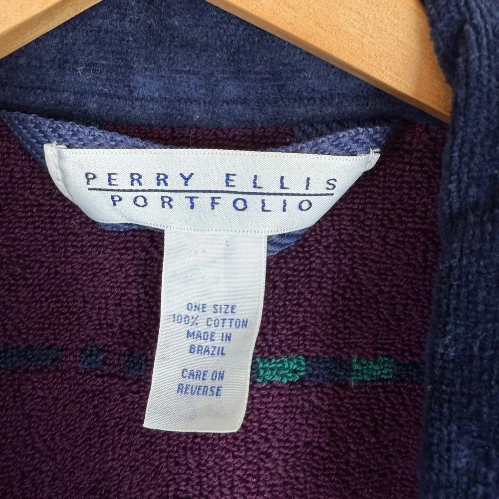 Perry Ellis Portfolio Mens Plaid Cotton Velour Robe Navy Green One Size OS